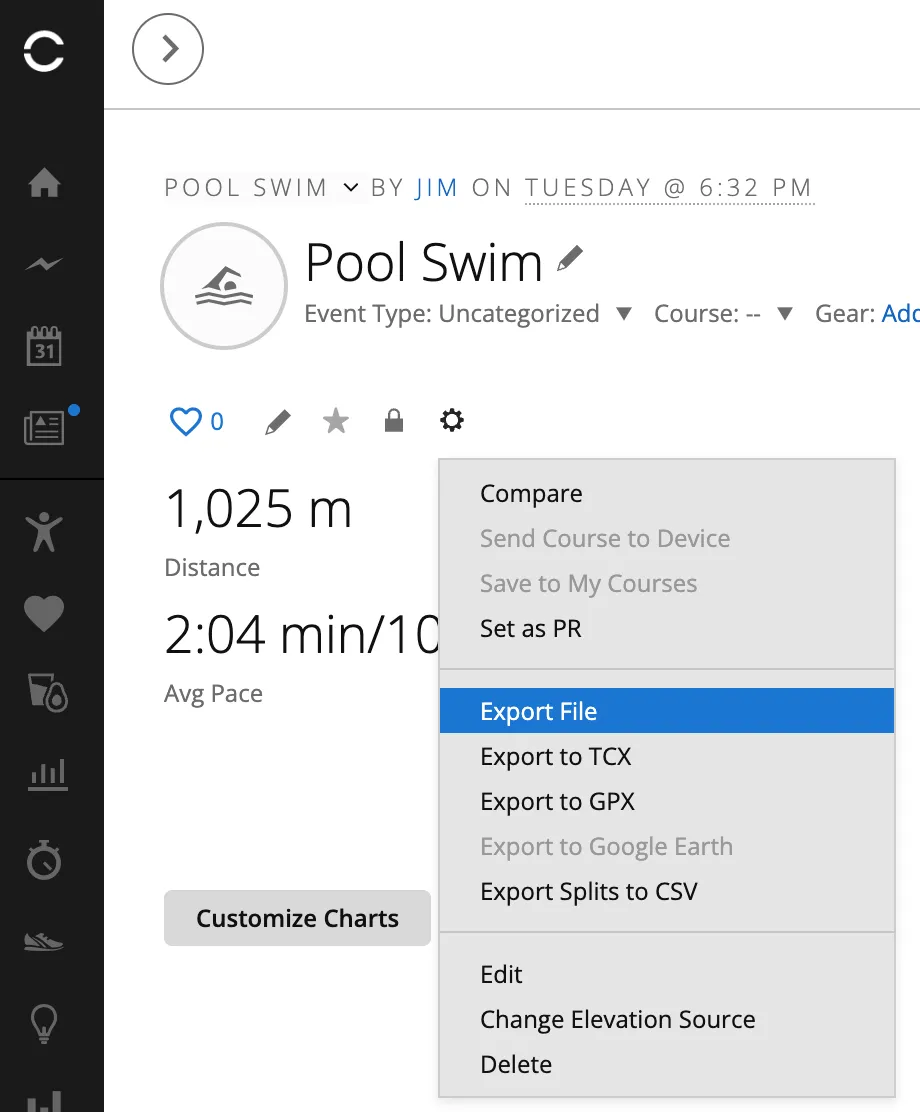 How to download Garmin pool swim .fit file